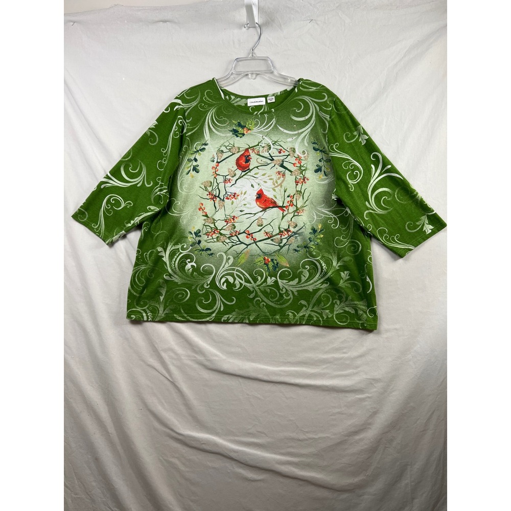 i.b.diffusion Graphic Tee Women 2X Green Cardinal Bird Winter Rhinestone Top
